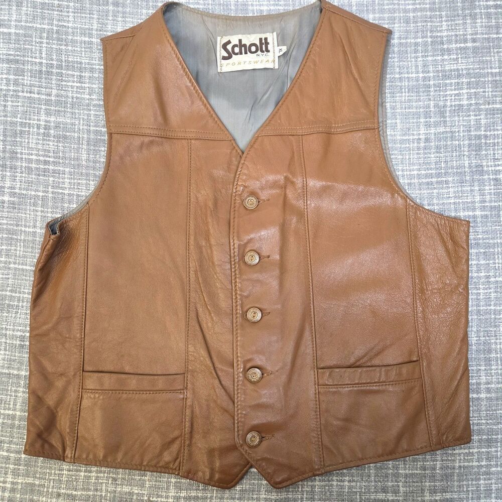 VTG Schott NYC Leather Vest Men's XL Ranchers 5-Button Pockets Caramel
